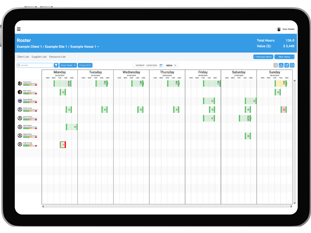 A RosterEzy Roster displayed on a tablet. A number of resources attached to a venue are displayed with their shifts in a weekveiw. The shifts are colour-coded by status.