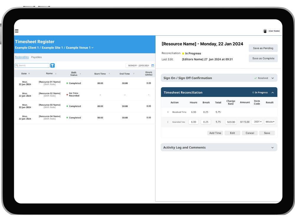 A RosterEzy Timesheet Register displayed on a tablet . On the left is a table showing a list of resources and their shift details. On the right is a sidepanel for timesheet reconciliation.